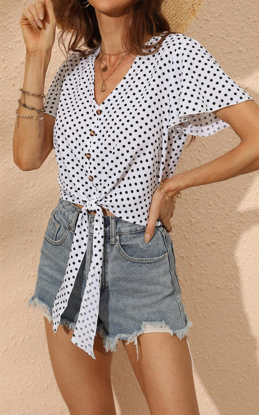Cute Tie Knot Front Buttoned Crop T Shirt Top In White & Black Polka Dot Print