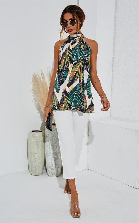 Top verde cu imprimeu de frunze și legături la spate