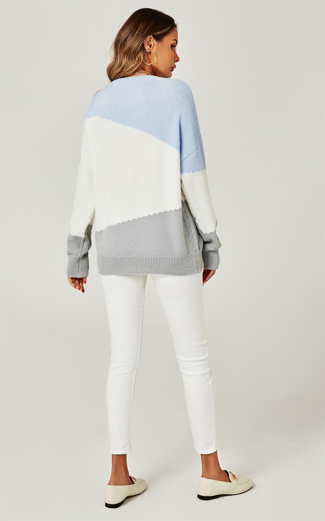 Relaxed Grey & White Block Colour Jumper Top In Blue