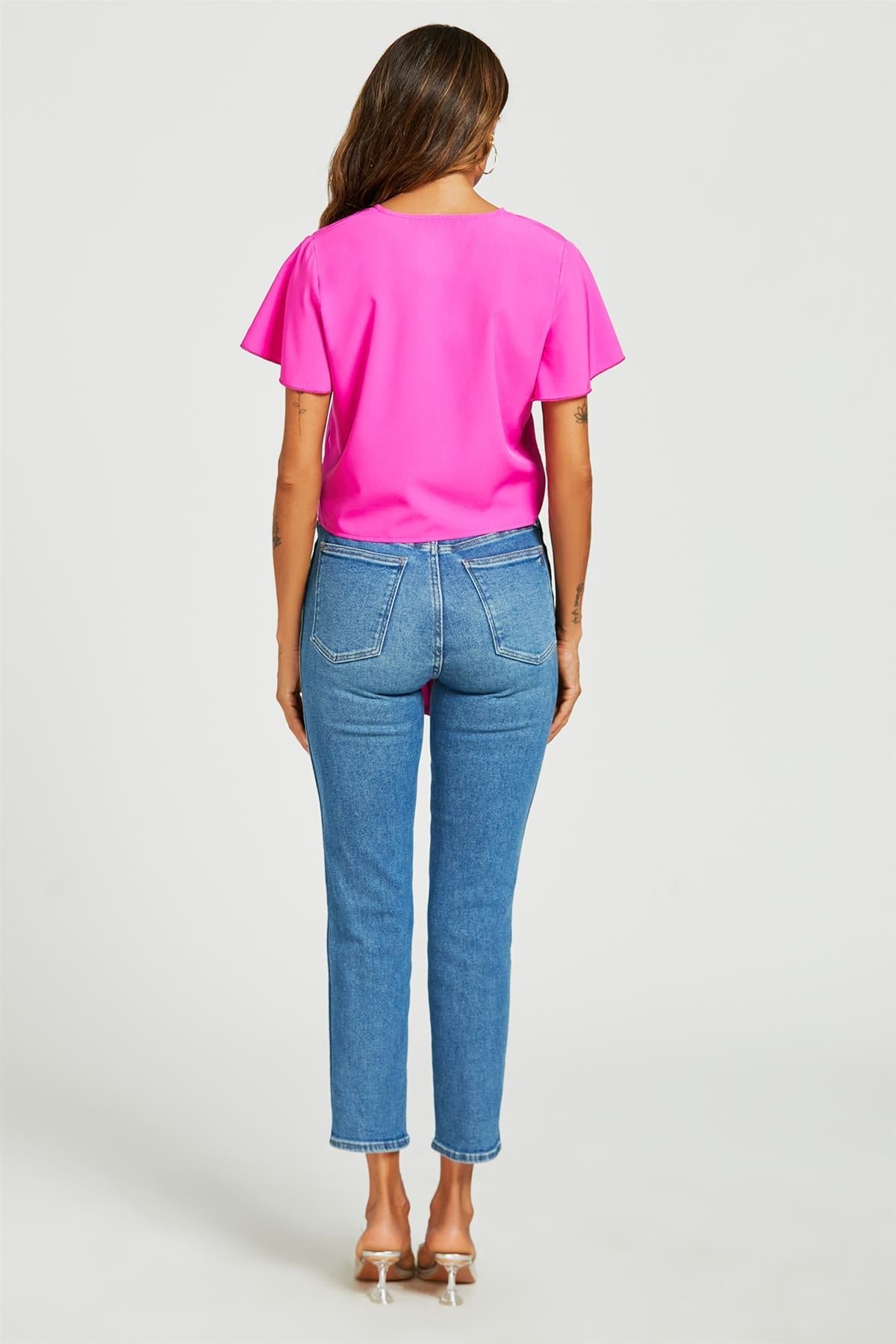 Bluză scurtă drăguță cu nod în față și nasturi, roz fuchsia