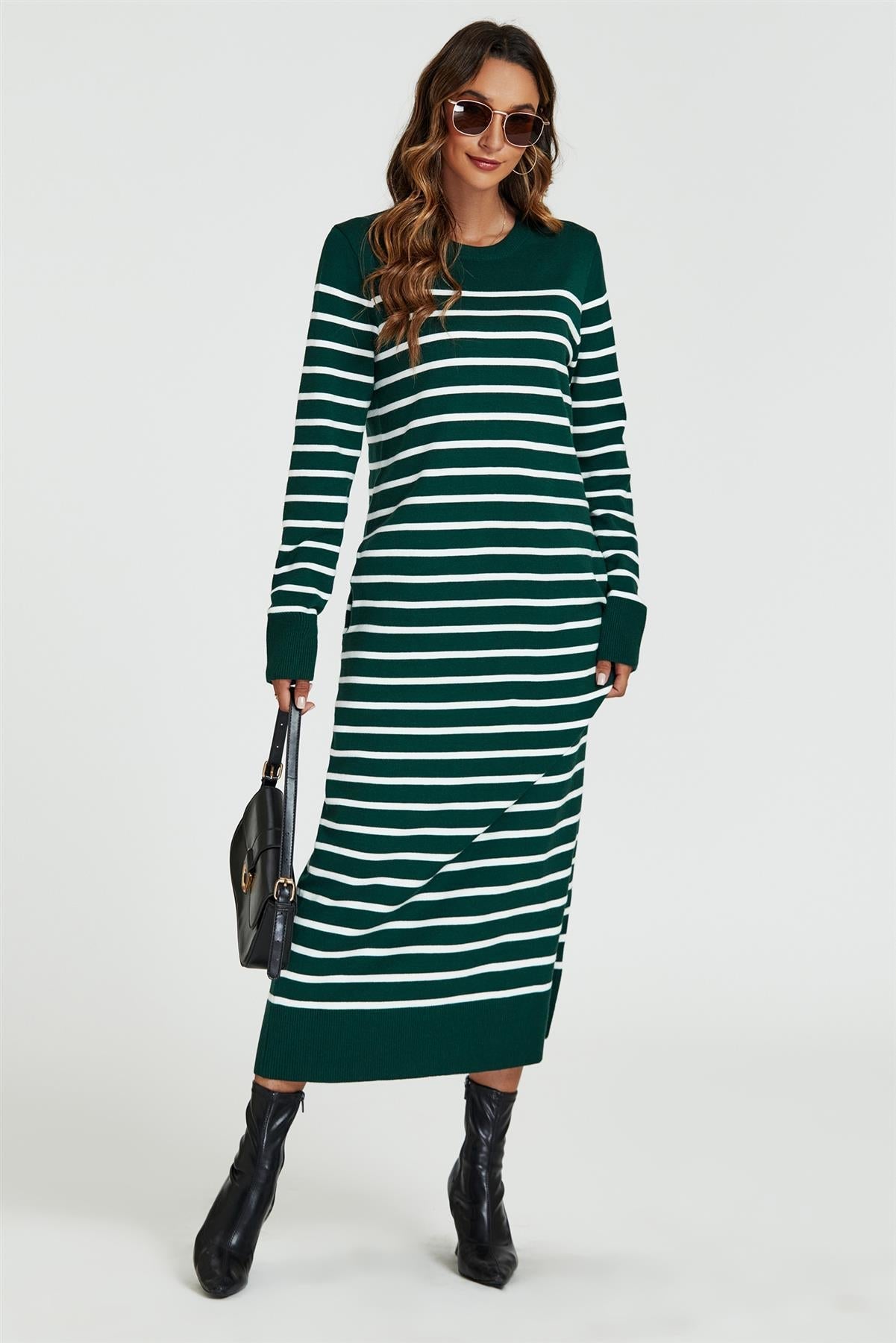 Stripe Pattern Knitted Tunic Jumper Dress In Dark Green