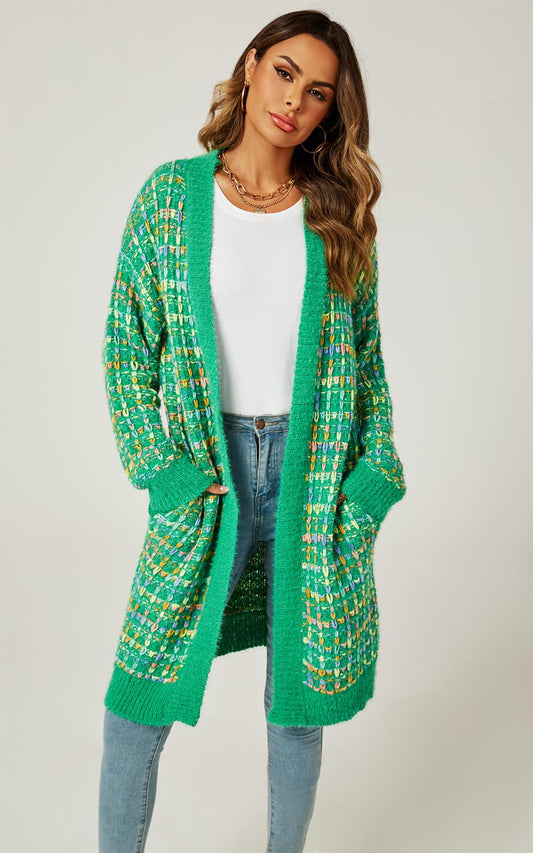 Green Boucle Check Cardigan In Rainbow Multicolour Speckles