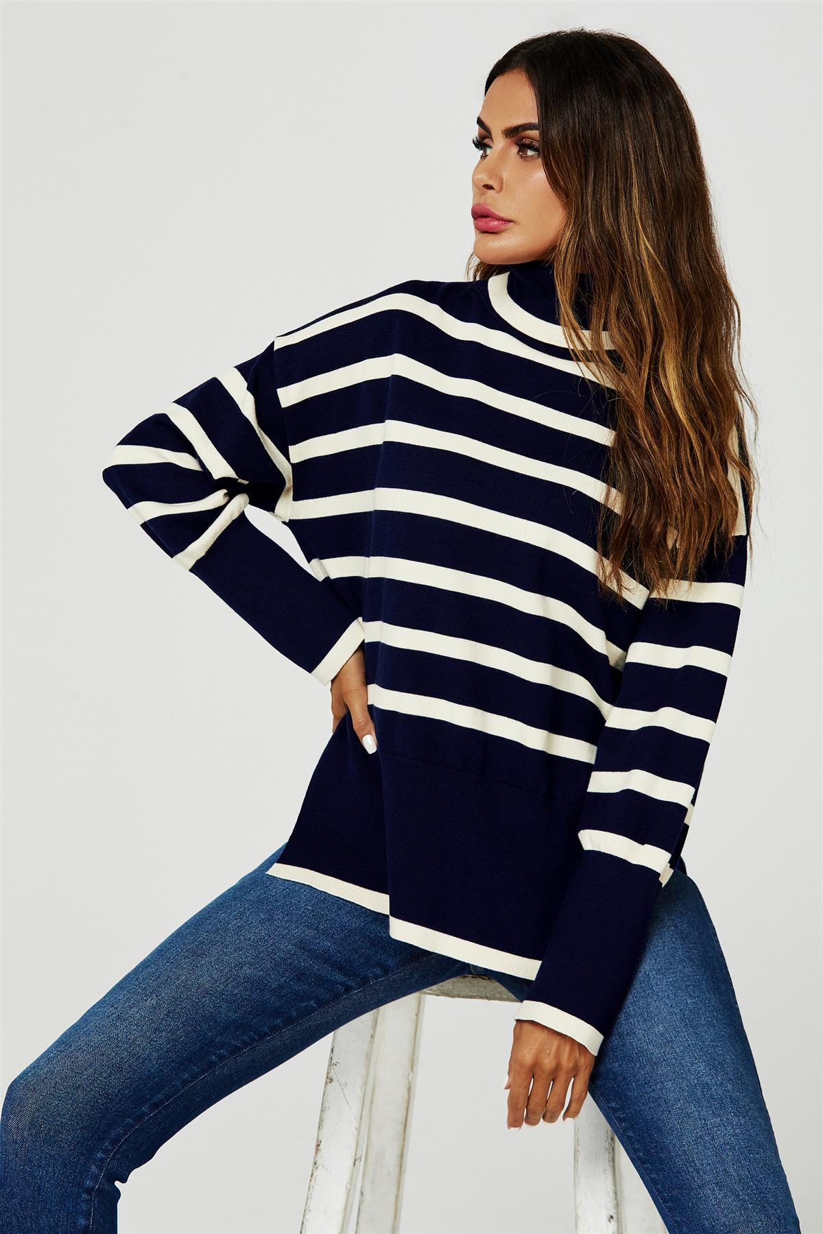 Stripes Pattern Turtleneck Jumper Top In Navy