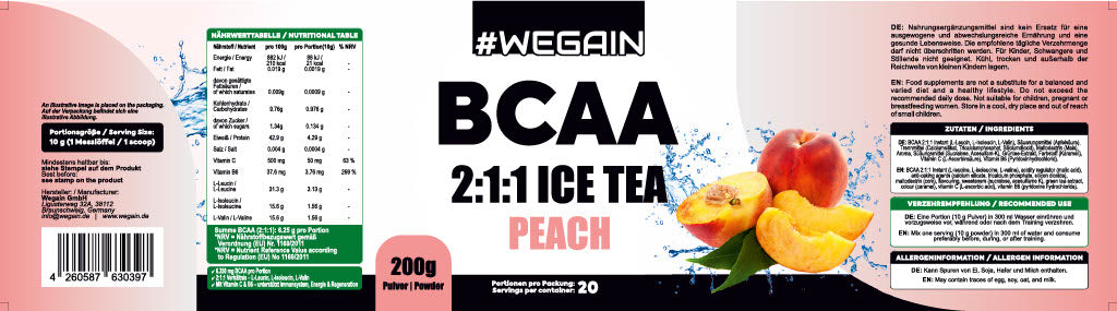 WEGAIN BCAA Pudră Ceai cu gheață Piersică - Capacitate 200 g Raport 2:1:1