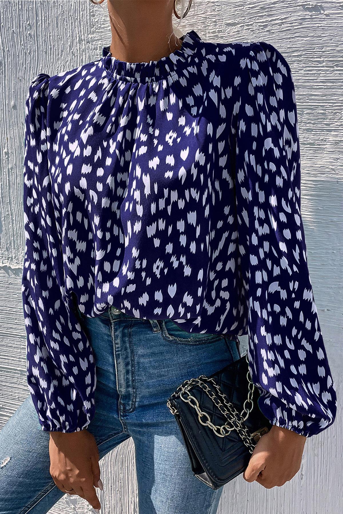Animal Print Frill Detail High Neck Top In Navy