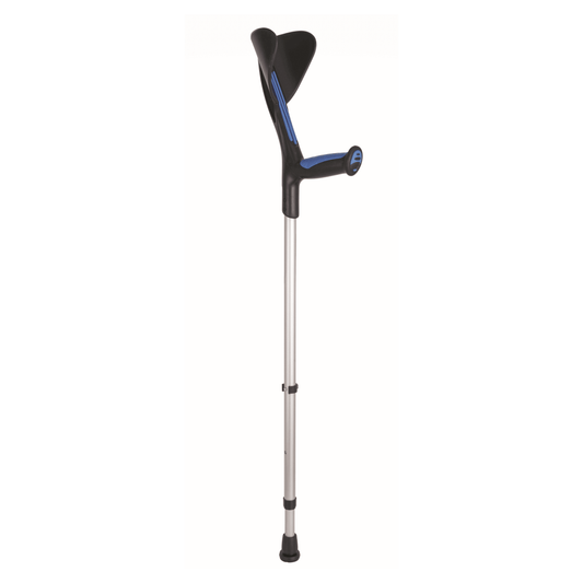 Cârjă modernă pentru antebraț Advance – ergonomică și ușoară (0,51 kg), reglabilă pe înălțime (77–98 cm), încărcabilă până la 140 kg, bi-injectată cu prindere din elastomer și vârf antiderapant.