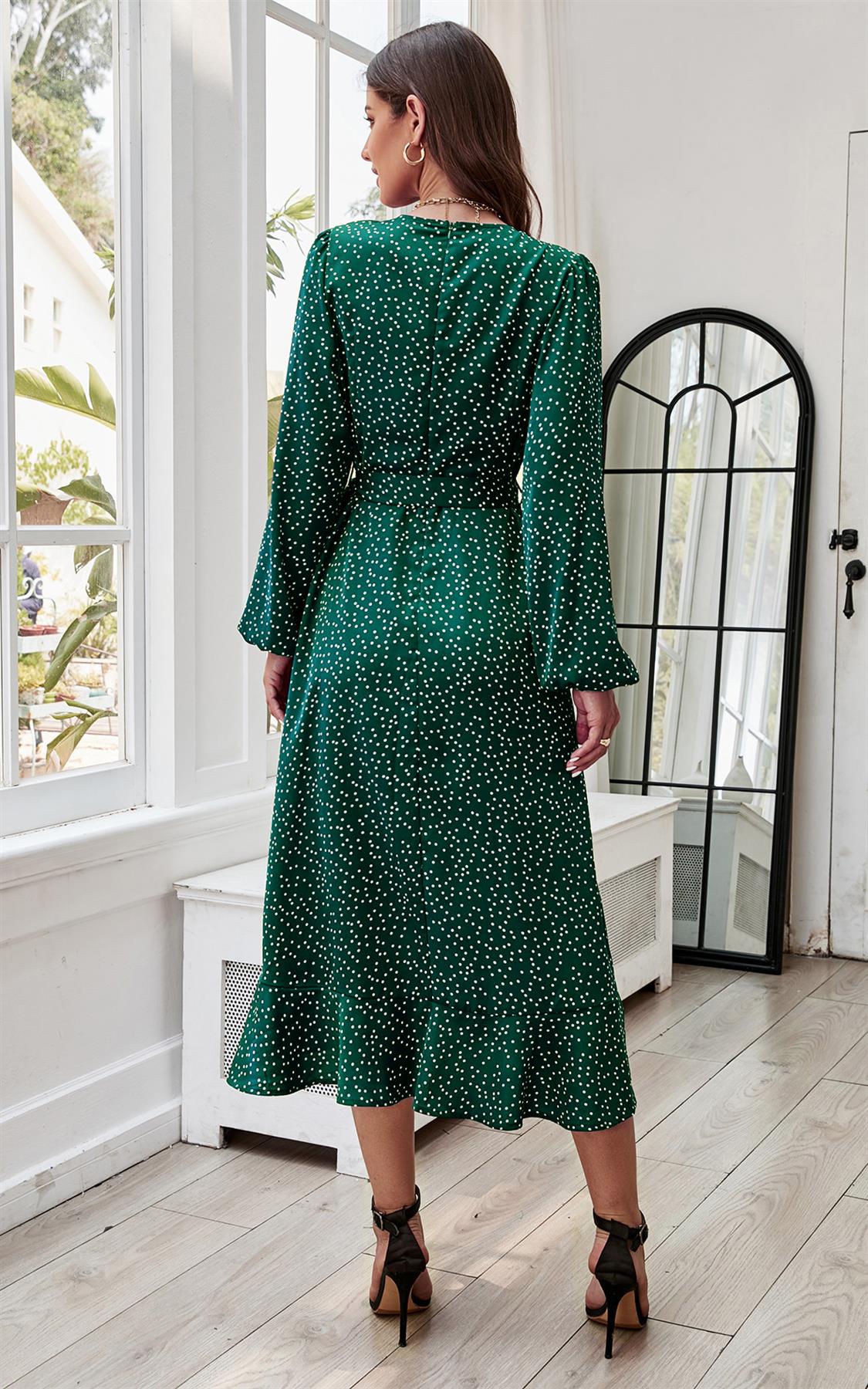 Long Sleeve Wrap Midi Dress In Green
