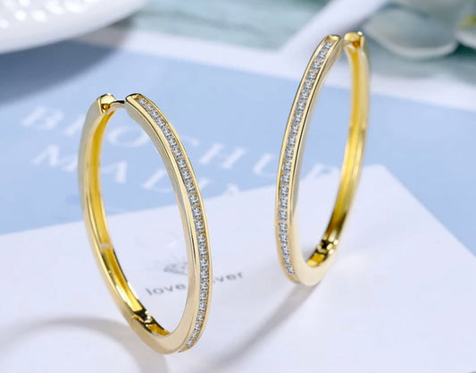 Cercei rotunzi din argint 925, placați cu aur, cu zirconiu cubic, 3,5 cm