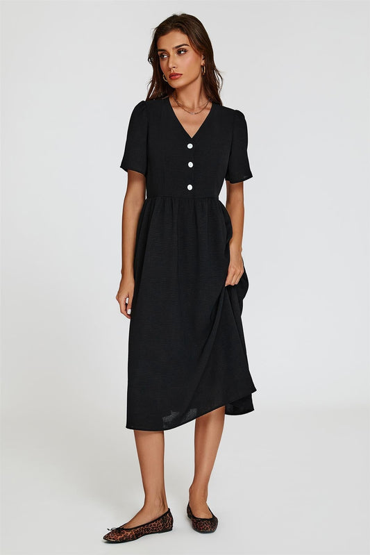 Button Front Midi Dress In Black