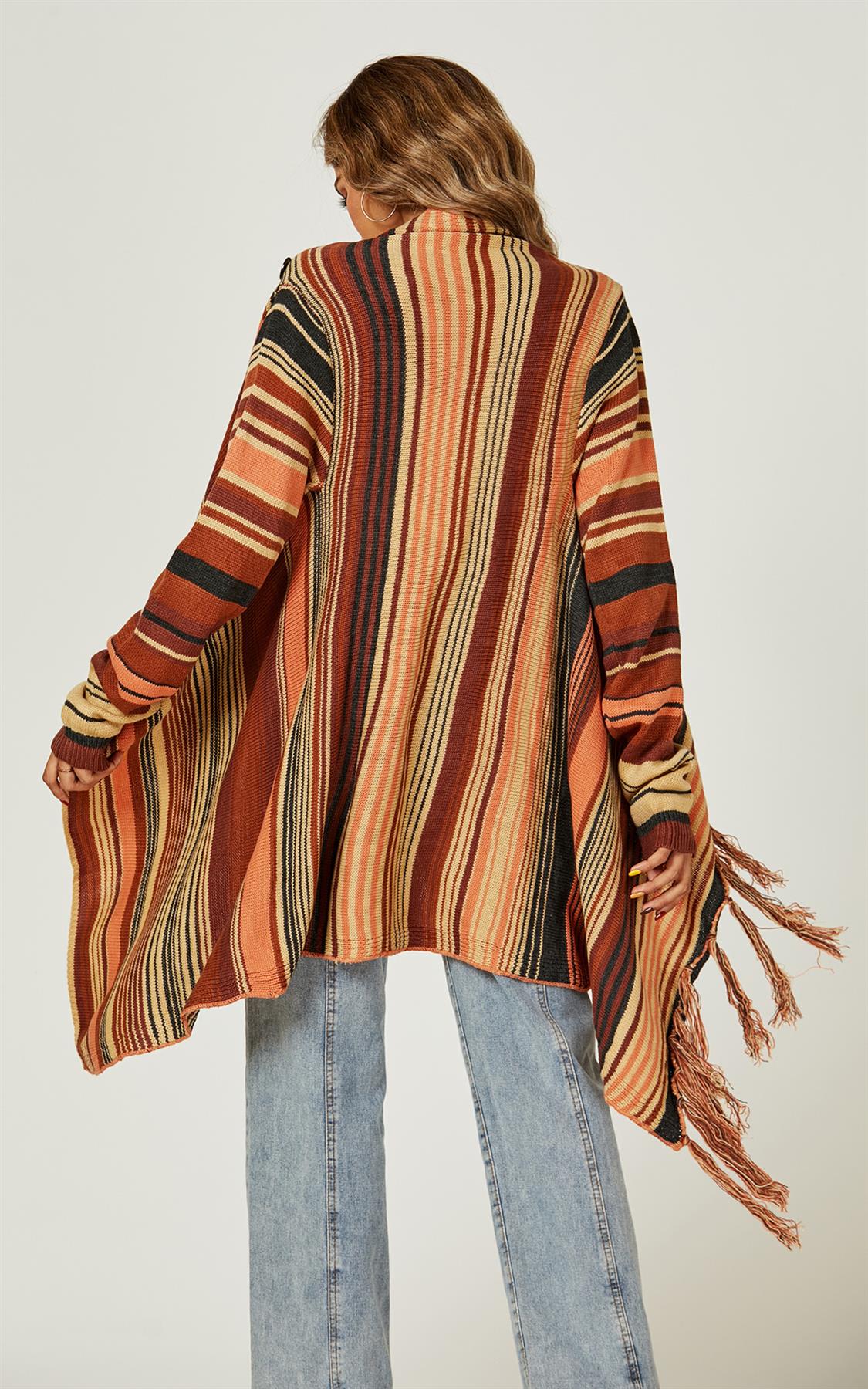 Fringes Detail Cardigan In Rusty Red & Orange & Black