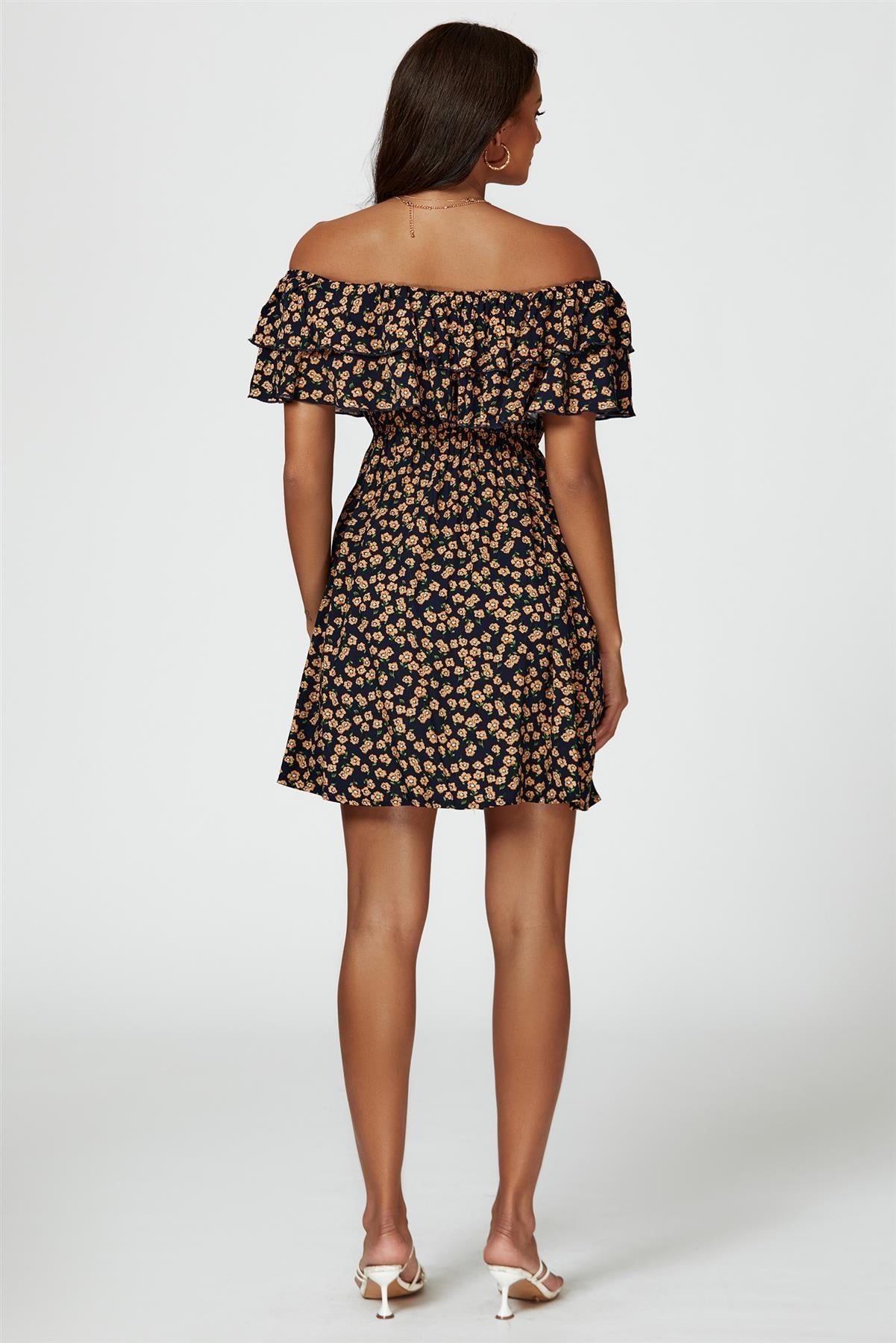 Floral Print Bardot Frill Mini Dress In Navy