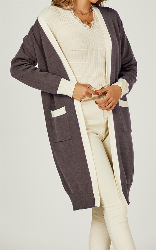 Cardigan cu dungi crem, nuanță taupe