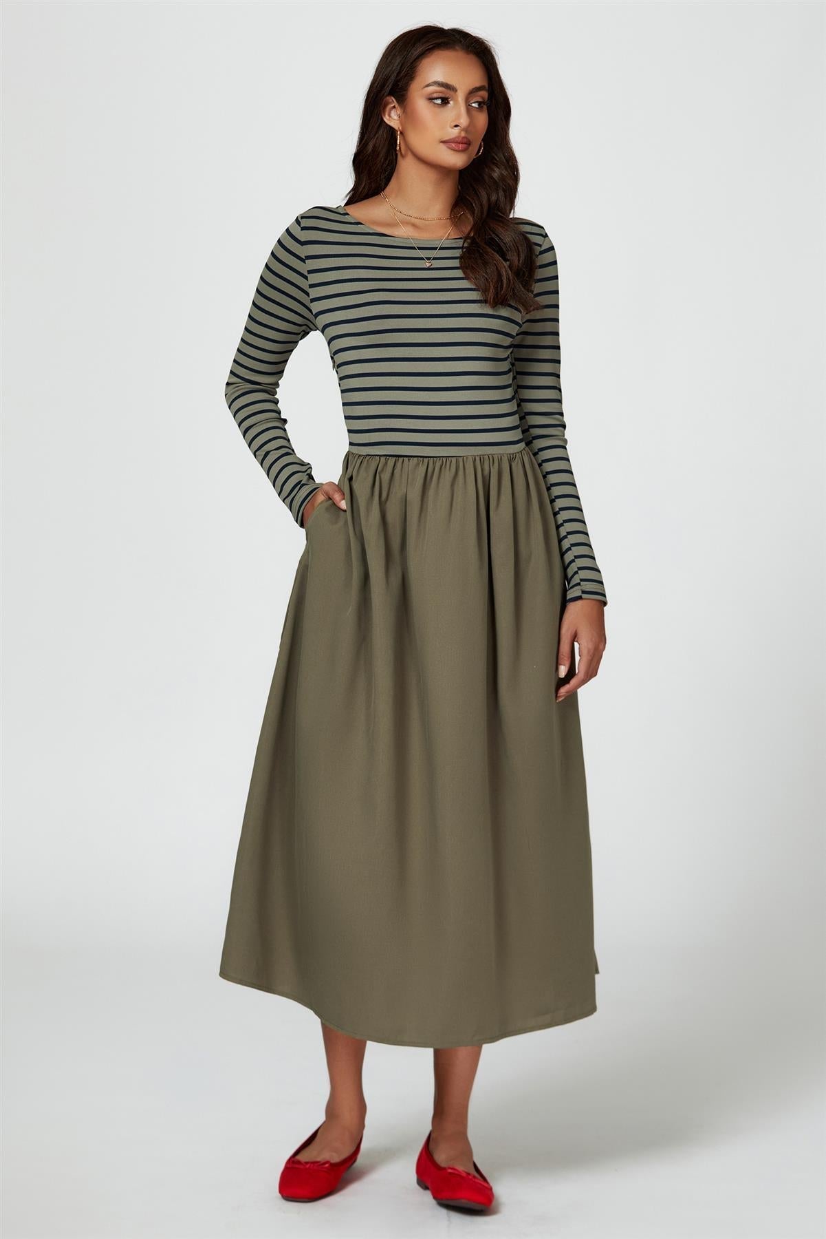 Long Sleeve Stripe Midi Dress In Olive