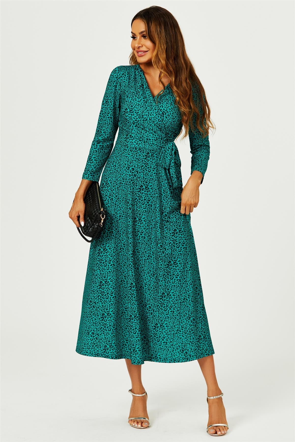 Green Leopard Print Wrap Top Midaxi Dress