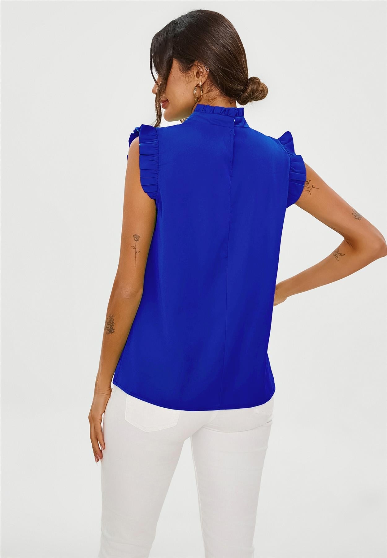 Frill Trim Sleeve High Neck Blouse Top In Royal Blue