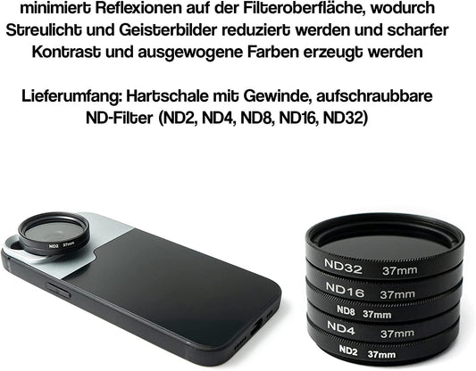 SYSTEM-S ND Filter Set 37 mm Neutraldichte mit Hülle und Tasche für iPhone 14