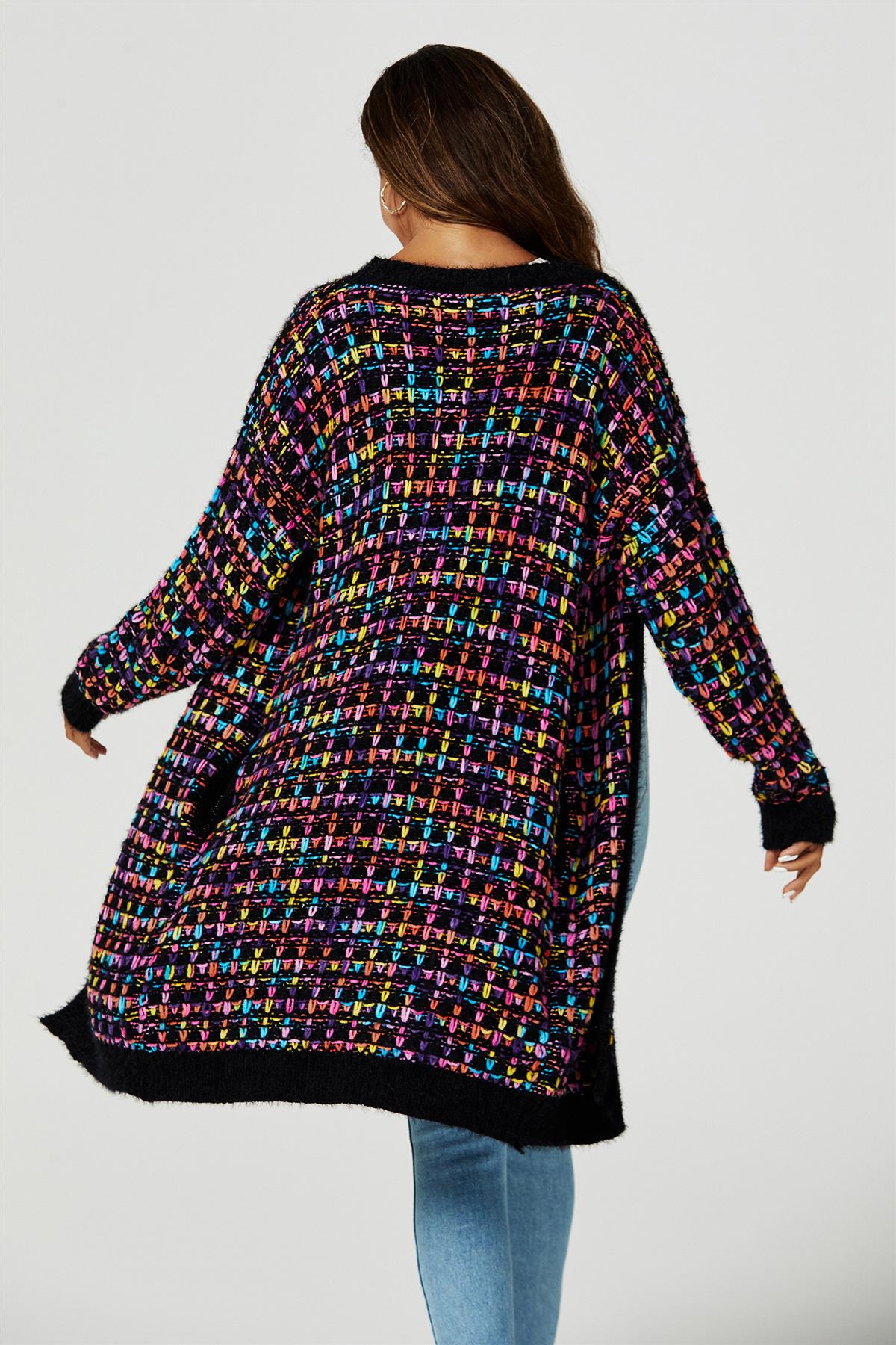 Rainbow Multicolour Speckles Boucle Check Cardigan In Black