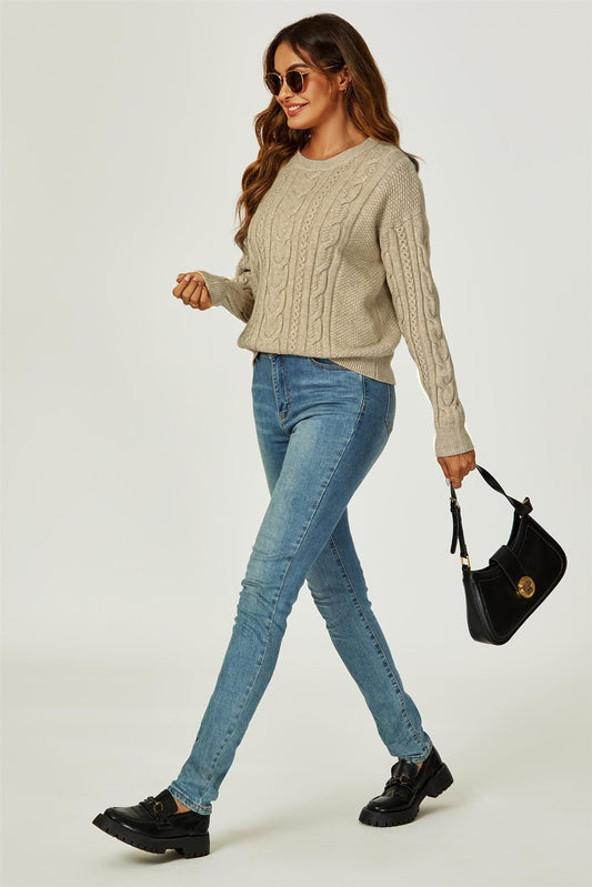 Cable Knit Crew Neck Jumper In Taupe