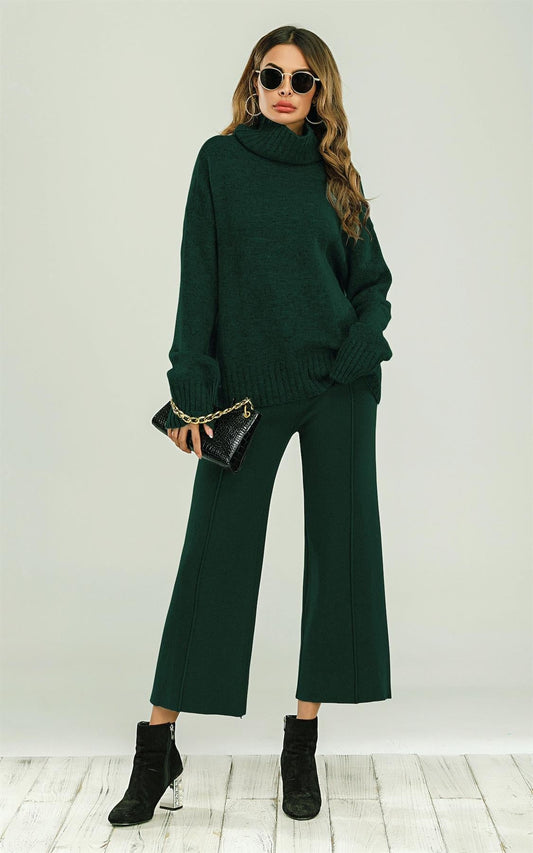 Wool Blended Jumper Top With High Neck In Dark Green