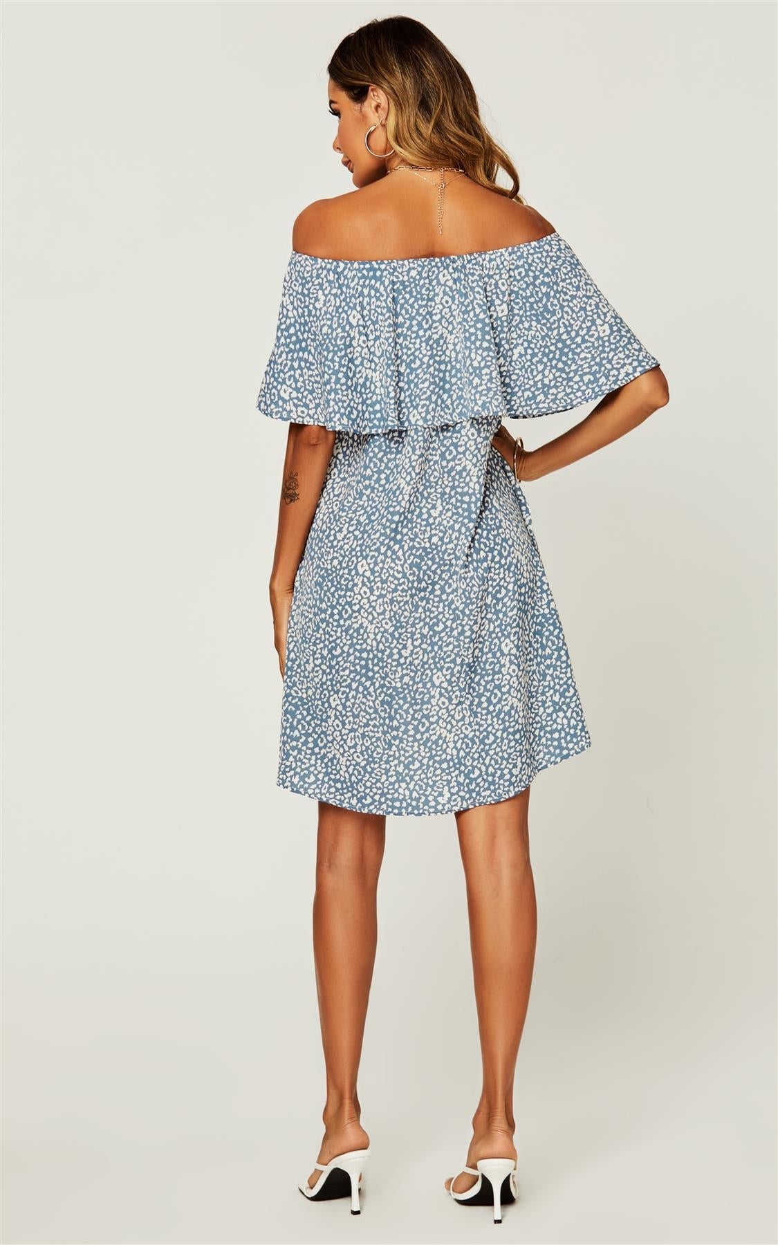 Leopard Print Bardot Frill Off Shoulder Mini Dress In Blue
