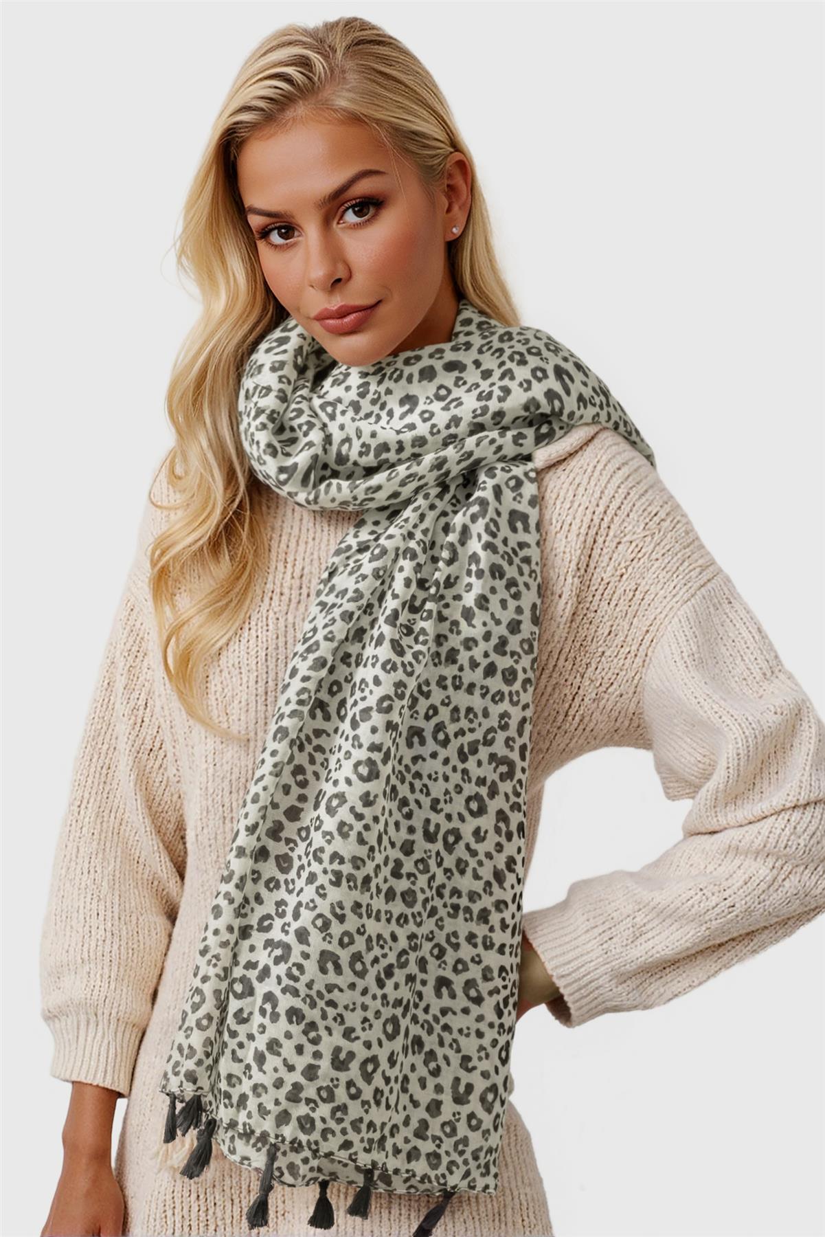 Black Leopard Print Tassel Scarf In White
