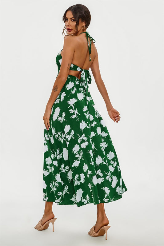 Floral Print Tie Halterneck Back Detail Maxi Dress In Green