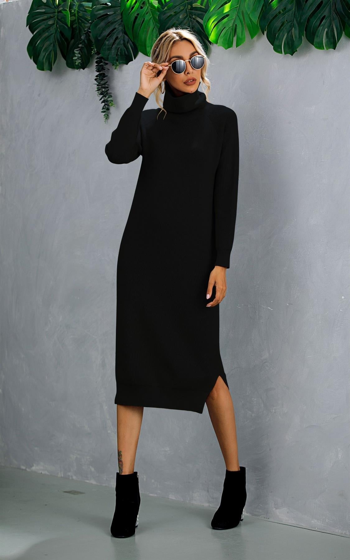 Wool Blended Jumper Dress With High Neck In Black