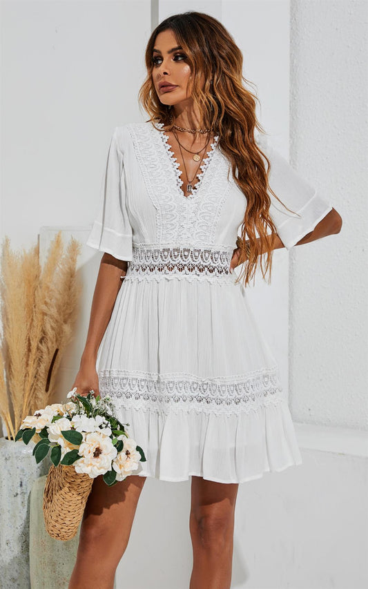 V Neck Lace Mini Dress In Ivory White