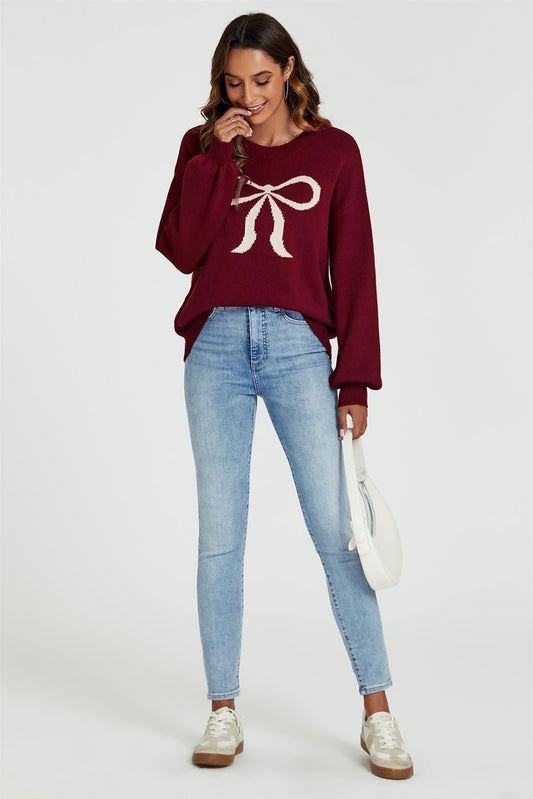 Bow Pattern Jumper Top In Wine