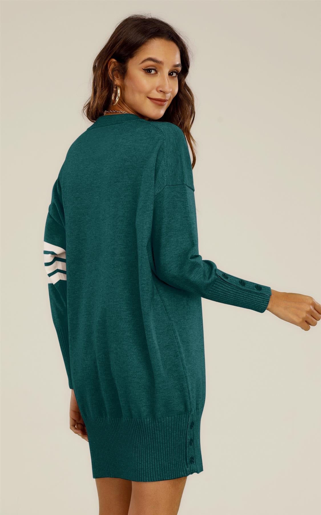 Knitted Tunic Jumper Dress With White Stripe In Dark Green