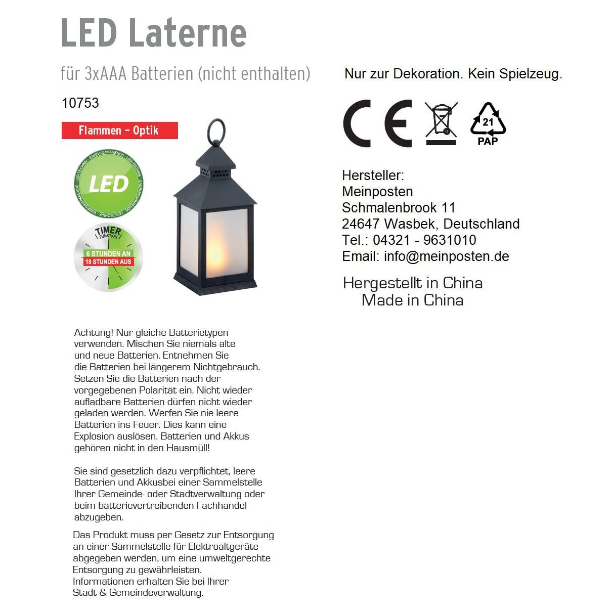 Lumina LED Laterne Timer - Batteriebetrieben 3xAAA Maße 10,5x10,5 cm