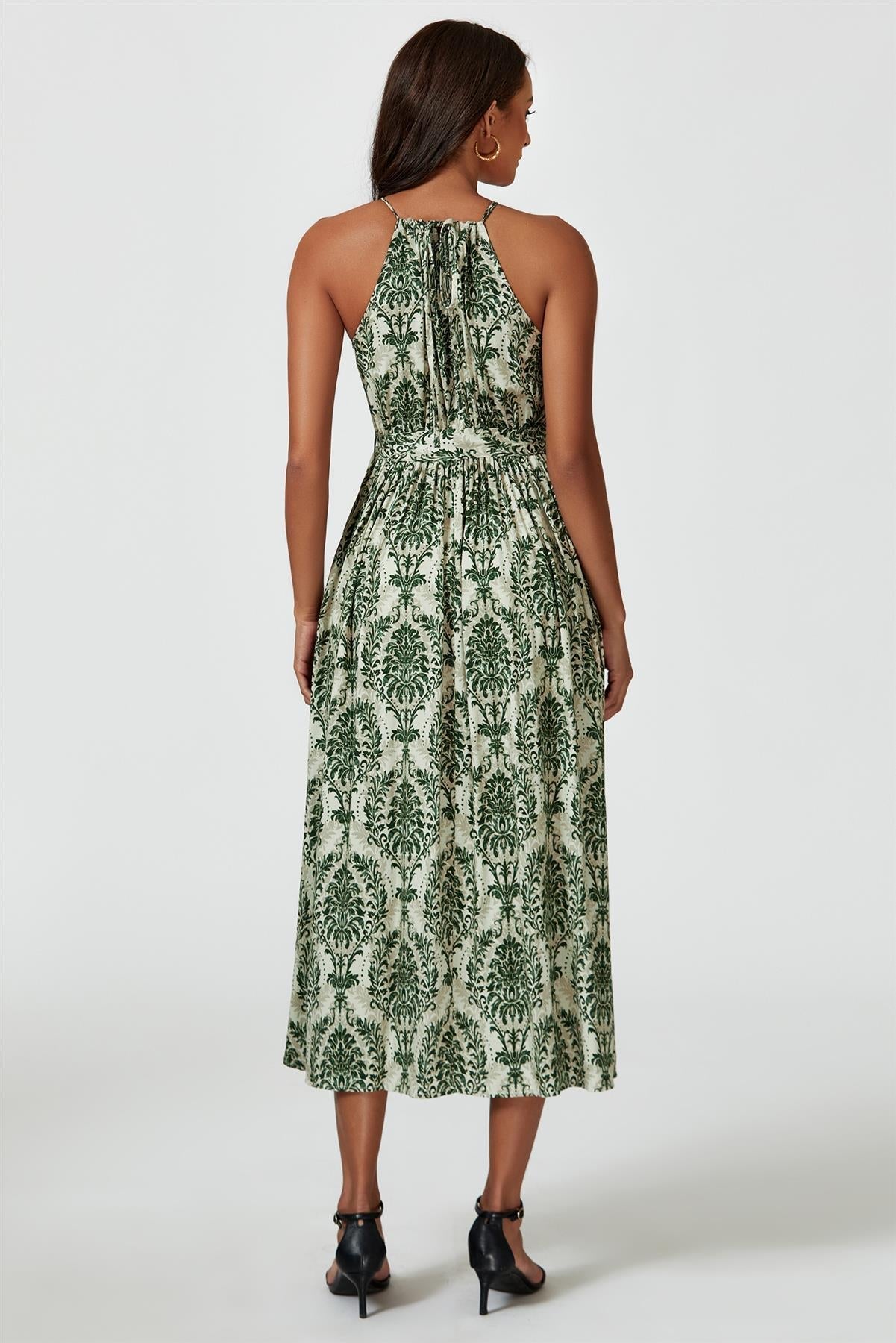 Green & Beige Floral Print Tie Halterneck Maxi Dress