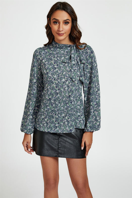 Floral Print Side Tie Blouse Top In Blue