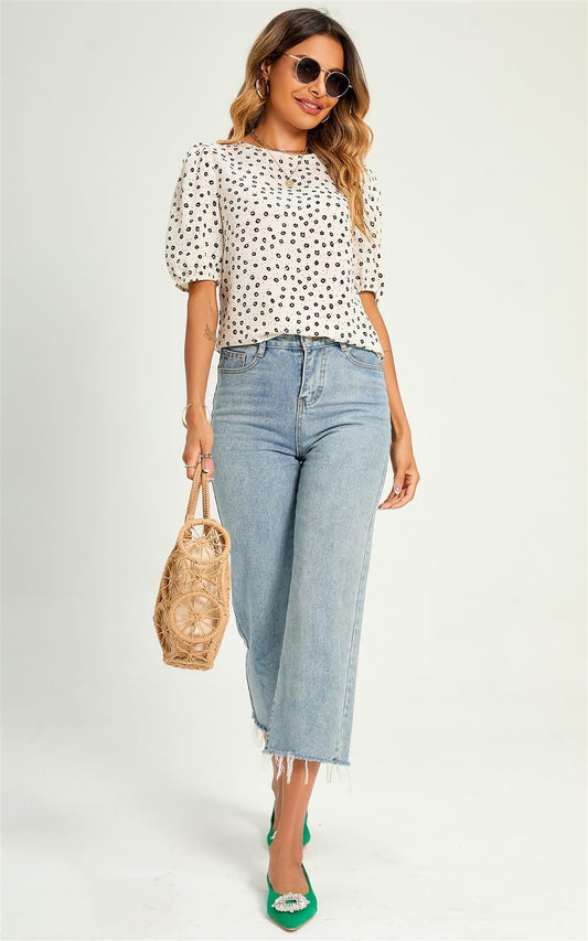 Bluză/top cu imprimeu floral mic în alb