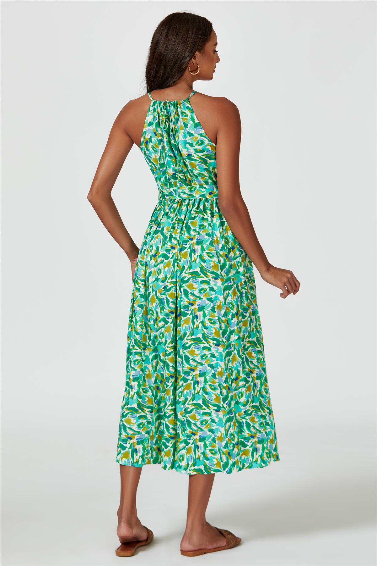 Abstract Print Tie Halterneck Maxi Dress In Green