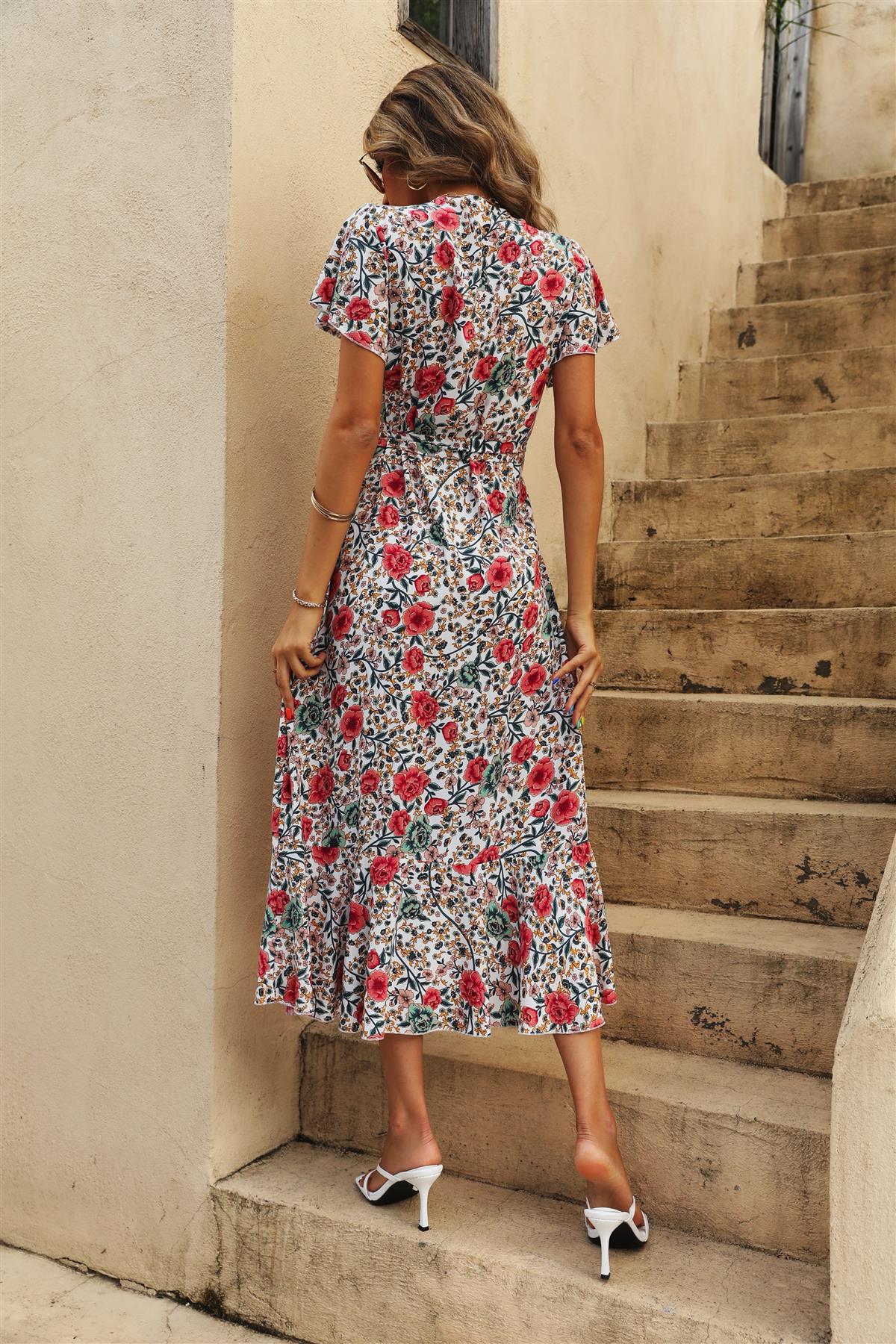 Rochie midi cu imprimeu floral și tiv înfășurat, albă