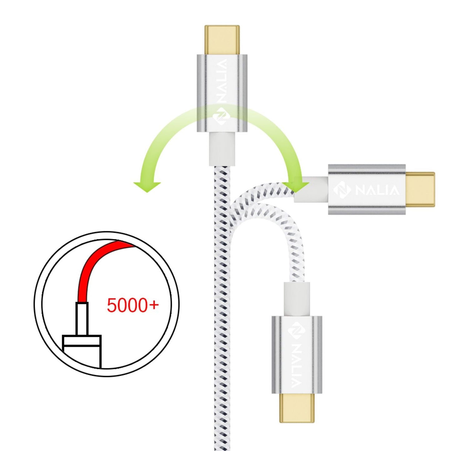 Cablu USB-C la USB 2.0 de 2 m de la NALIA, cablu de încărcare și sincronizare date din nailon durabil