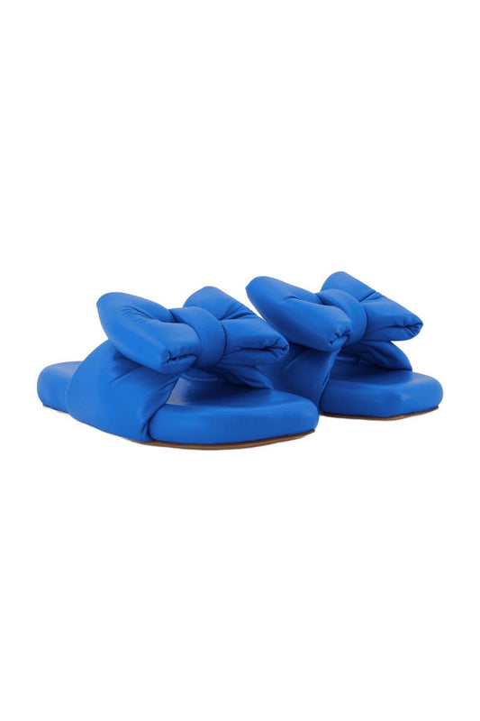 Bow Padded Slides - Off White - Blue - Leather