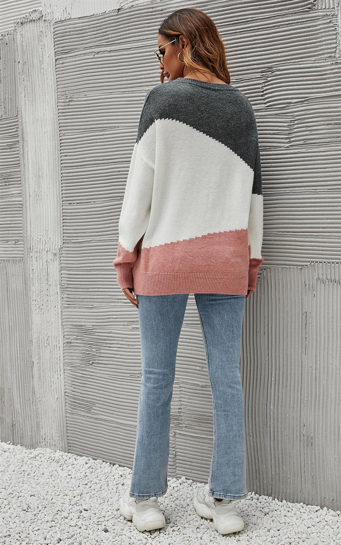 Grey & Pink Block Colour Jumper Top In White