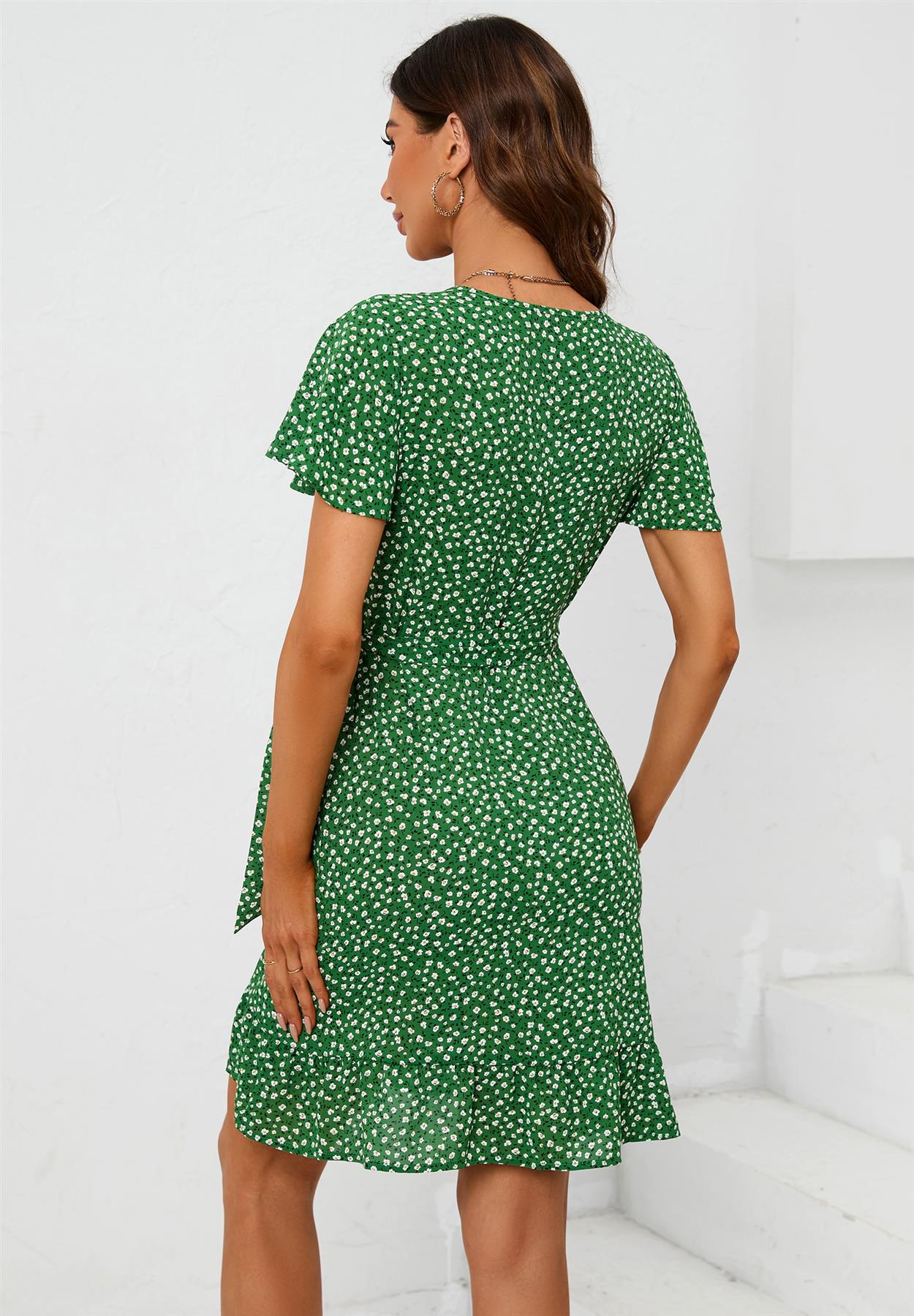 Floral Print Mini Wrap Dress In Green