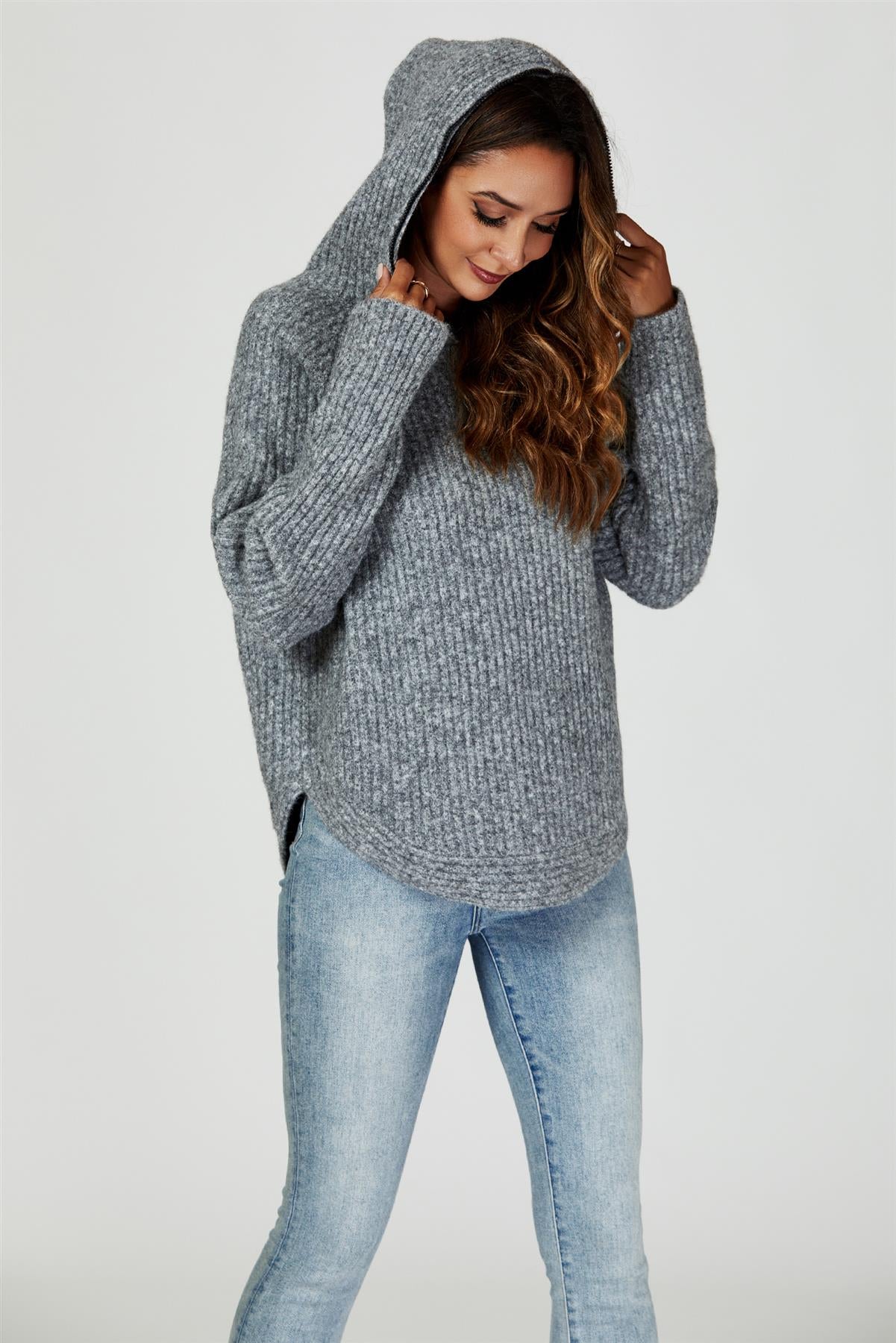 Hanorac tricotat cu fermoar, gri