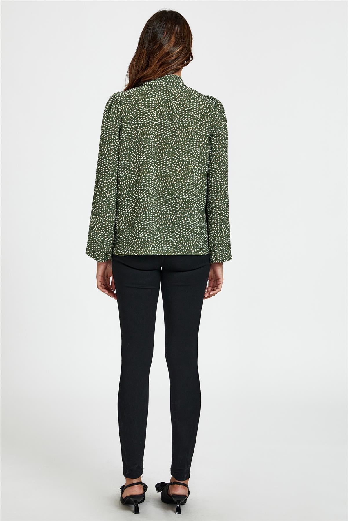 Bluză cu imprimeu floral și legături laterale, măsliniu