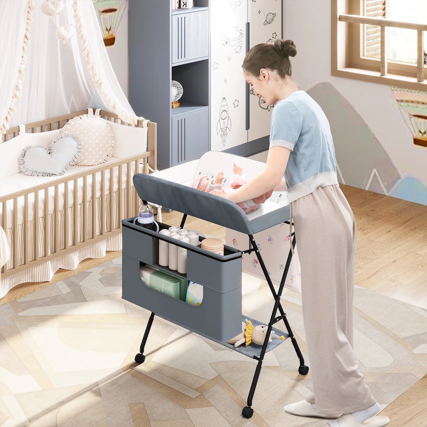 Baby-Wickeltisch 2025 - WOLTU Höhenverstellbar Klappbar - Rollen Aufbewahrung Metall Kinder-Möbel