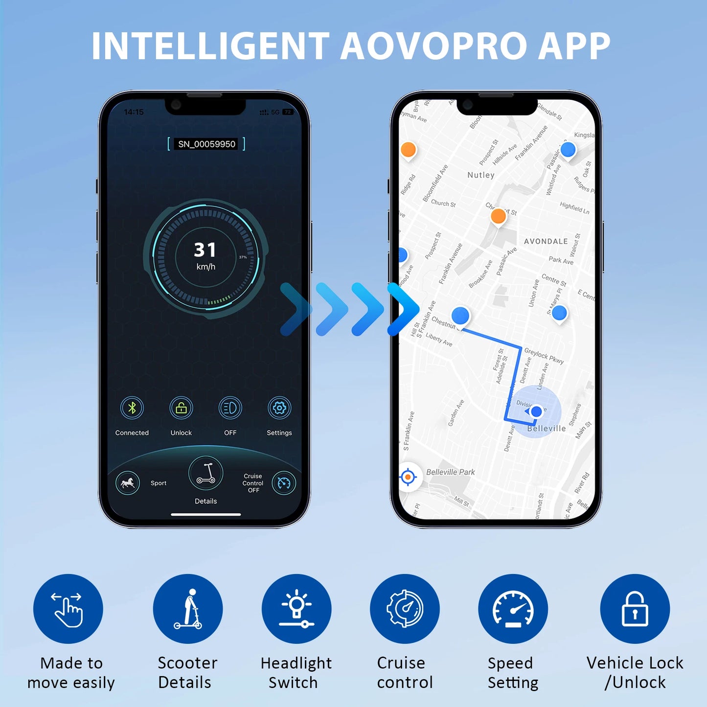 AOVOPRO Upgrate Smart App E-Scooter - Kapazität 7.8/10.5Ah, Leistung 350W/500W, Reichweite 25-45 KM