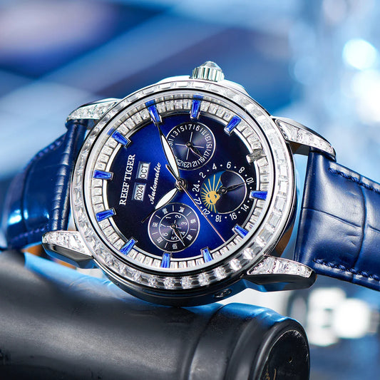 Automatic moonphase watch by reef tiger diamonds bezel blue dial