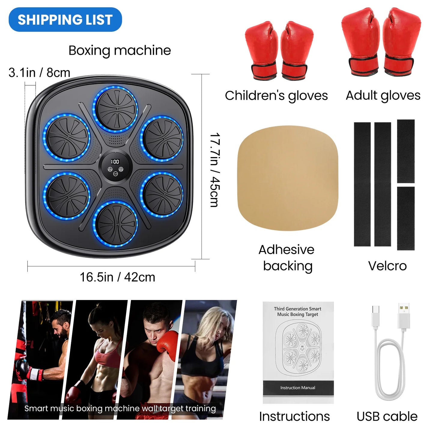 Smart Music Boxenmaschine mit RGB-Rhythmus-Lichtern & Bluetooth - Wandmontiertes Punch-Target, Erwachsene/Kinder-Handschuhe inklusive für Home-Gym