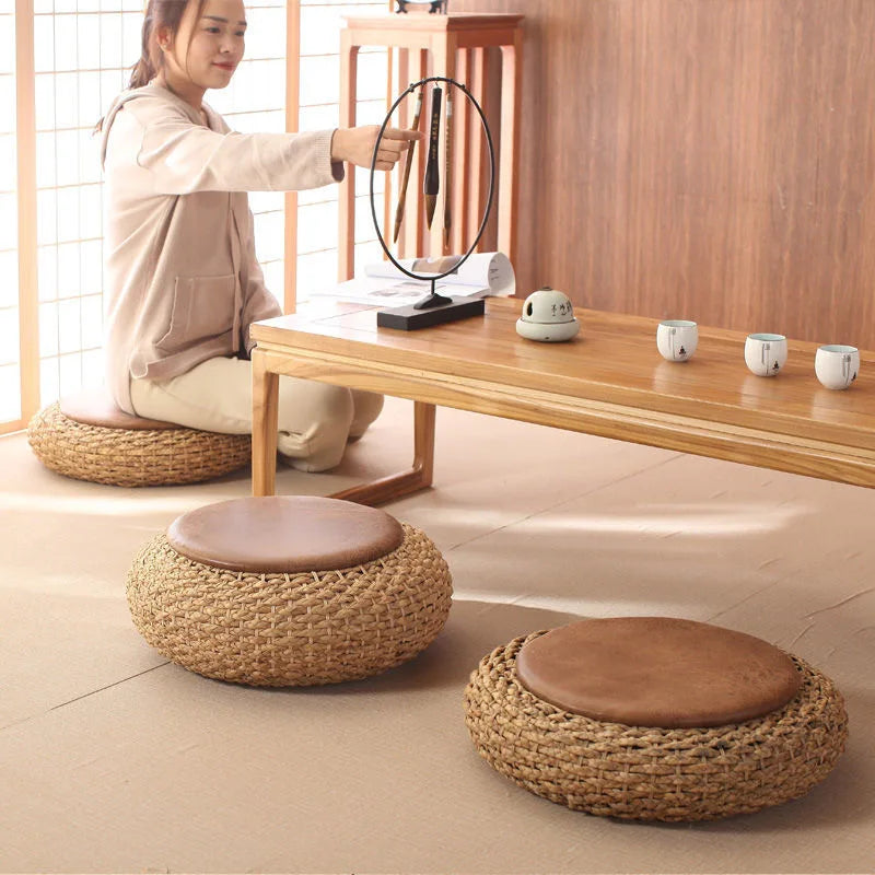 Modern Knitted Round Pouf Ottoman Stool W/PU Leather Seat Pad Floor Yoga Meditation Cushion Straw Rusitc Tatami Pouf Furniture