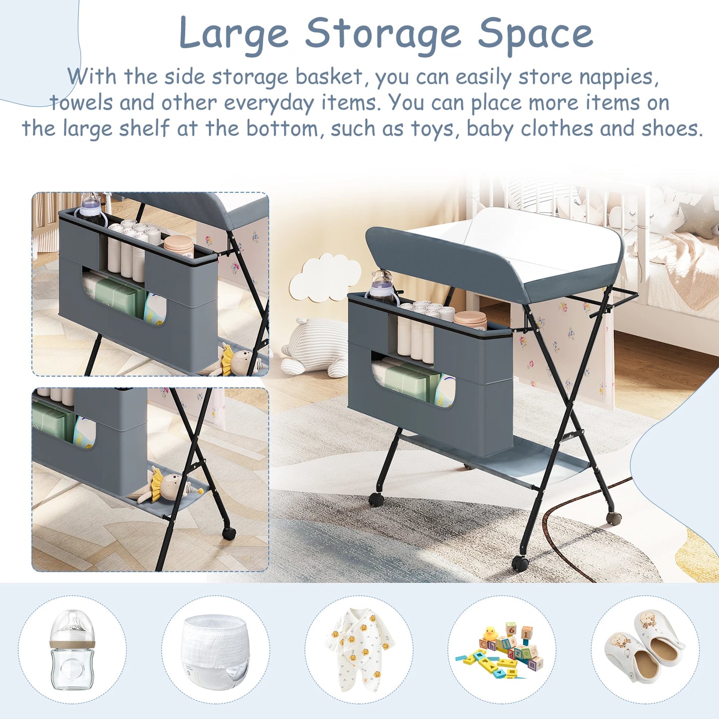 Masă de schimbat bebeluși 2025 - WOLTU Pliabilă, cu înălțime reglabilă - Depozitare cu roți, mobilier metalic pentru copii