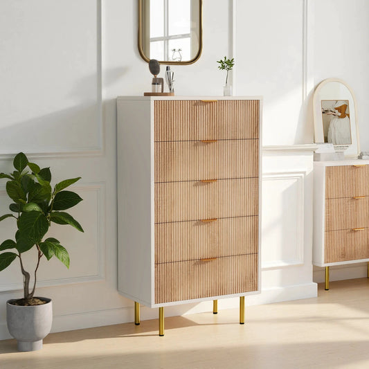 Anajqaqia Nachttisch Massivholz 5 Schubladen Goldene Beine