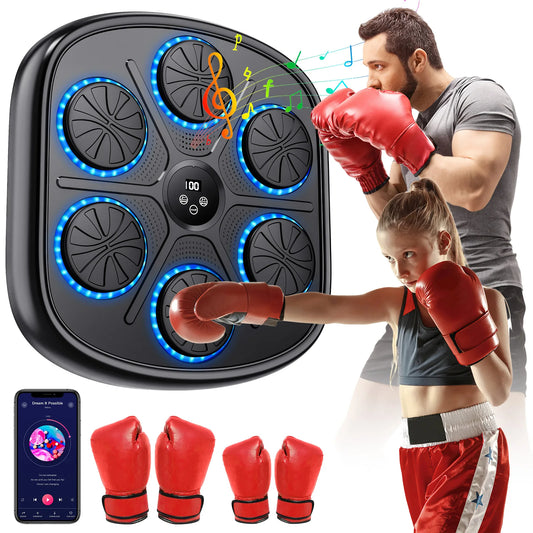 Smart Music Boxenmaschine mit RGB-Rhythmus-Lichtern & Bluetooth - Wandmontiertes Punch-Target, Erwachsene/Kinder-Handschuhe inklusive für Home-Gym